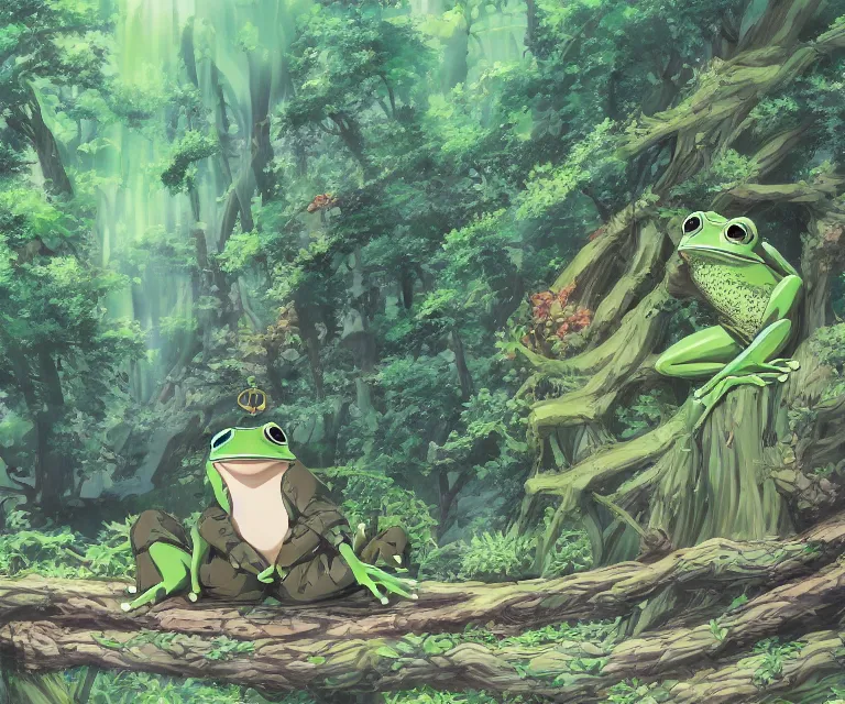 Image similar to frog in a forest, anime fantasy illustration by tomoyuki yamasaki, kyoto studio, madhouse, ufotable, comixwave films, trending on artstation