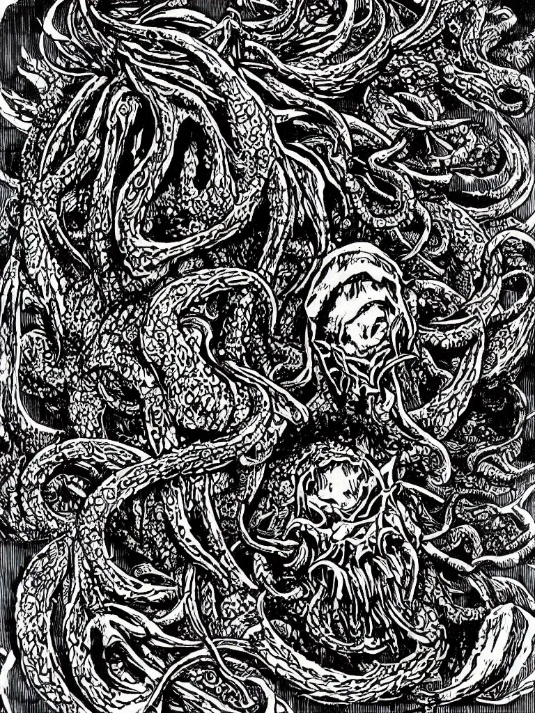 Image similar to old printmaking woodblock print of a intricately detailed tribute to the elder god cthulhu, beautiful dark fantasy, 8k detail