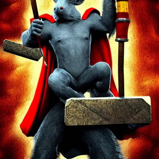 Image similar to the rat thor ~ holding his hammer ~ dramatic thunder background ~ fighting scene ~