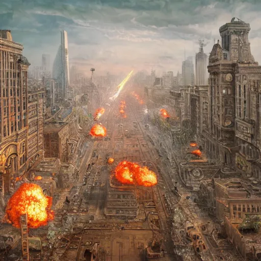 Prompt: a nuclear blast in the center of a city, realistic, massive destruction, extremely detailed digital painting, highly detailed, 1 9 2 0's colored pencil art style, deep aesthetic, 8 k, highly ornate intricate details, cinematic lighting, rich colors, digital artwork, ray tracing, hyperrealistic, photorealistic, cinematic landscape, trending on artstation,