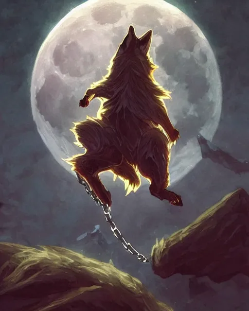 Image similar to '' Illustration a wolf (Fenrir) breaking its chains, (night), (moon in the background), league of legends, Fenrir, LOL, fantasy, d&d, digital painting, artstation, concept art, sharp focus, illustration, art by greg rutkowski and alphonse mucha ''