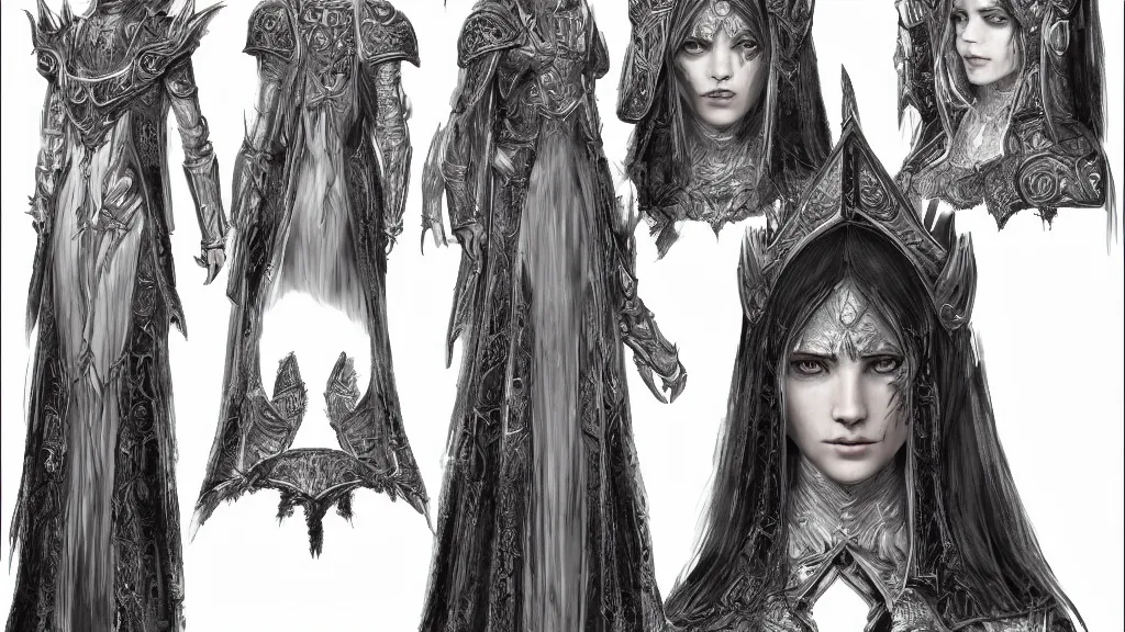 Image similar to concept art sheet, photorealistic symmetrical beautiful young female priestess with shiny hair wearing full intricate clothing, intricate, cg society, Elden Ring, darksouls, bloodborne