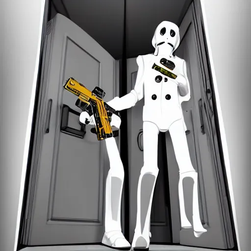 Image similar to an android wearing a white trench coat with 6 arms sticking out of each side, looking out of a doorway. four arms have lazer guns, one has a rifle, and one has a broken piece of a door. dramatic digital art.