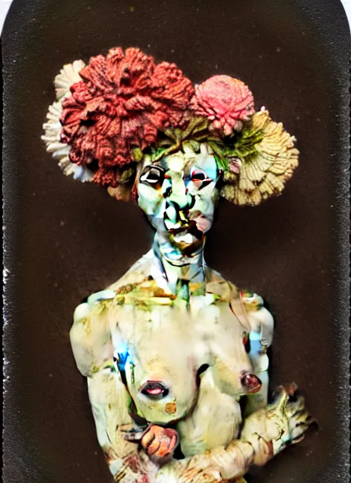 Image similar to beautiful and detailed rotten woman made of plants and many types of stylized flowers like carnation, chrysanthemum, roses and tulips, rococo ornamentation, intricate, surreal, john constable, guy denning, gustave courbet, caravaggio, romero ressendi 1 9 1 0 polaroid photo