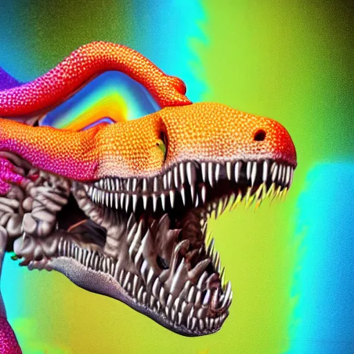 Image similar to t - rex drinking a giant ipa, hop vibes growing everywhere intricate complexity, inverted rainbow drip paint, psychedelic glitch art, trending on art station, photoreal, 8 k, octane render