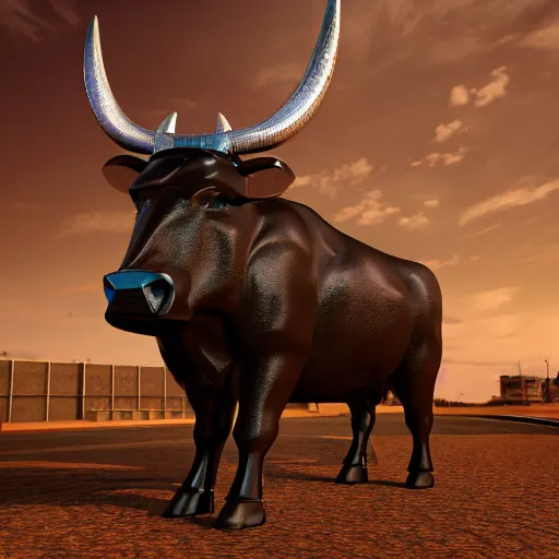 Image similar to a standing anthro bull android modeled after a bull made of hard rubber looking into the camera, android, cyborg, half body, intricate, 3 d, hyper realism, fantasy, depth of field, octane render, symmetrical, highly detailed, digital art, artstation, concept art, cinematic lighting, trending