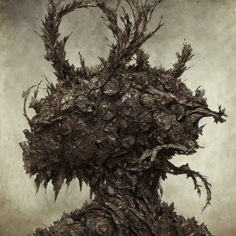 Image similar to powdery blurry old tintype photography of realistic armoured tree made of leaves, dramatic light, dystopian environment, intricate, elegant, highly detailed, centered headdress, artstation, sharp focus, artgerm, tomasz alen kopera, peter mohrbacher, donato giancola, joseph christian leyendecker, wlop, boris vallejo, frank frazetta