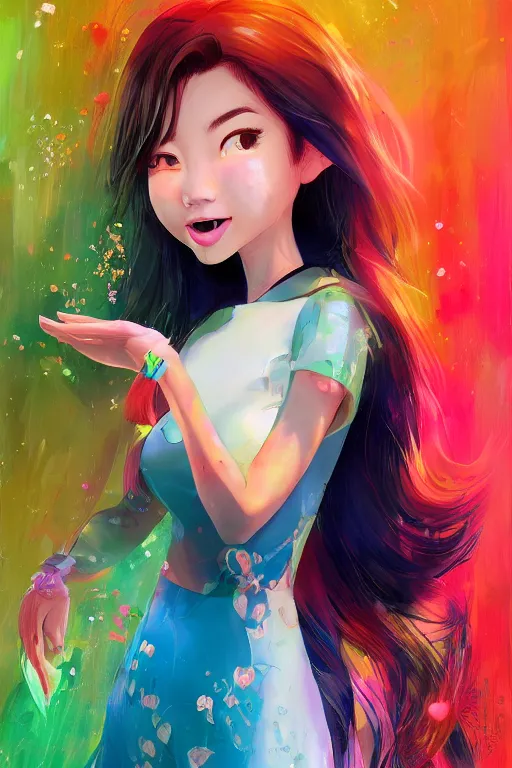 Prompt: a painting of cute Asian girl smiling, flowing hair, futuristic clothes, in the style of Pixar animation, low angle view, 16mm lens, award winning, hyper detailed, dramatic lighting, artstation, octane renderer, unreal engine