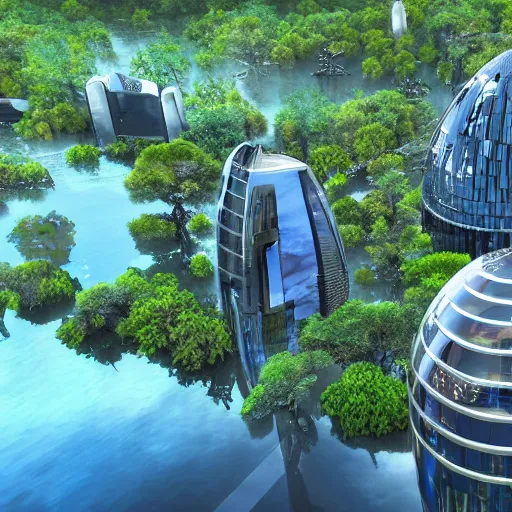 Image similar to futuristic city ultra-realistic utopia lake photorealism reflection jungle drones android,8k