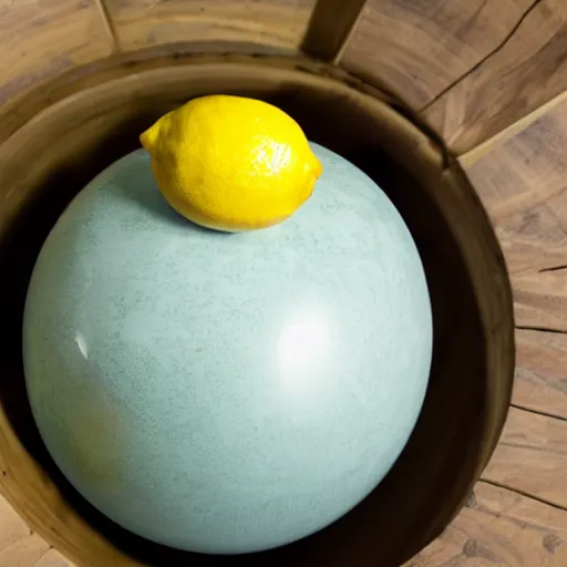 Prompt: a lemon next to a bowling ball