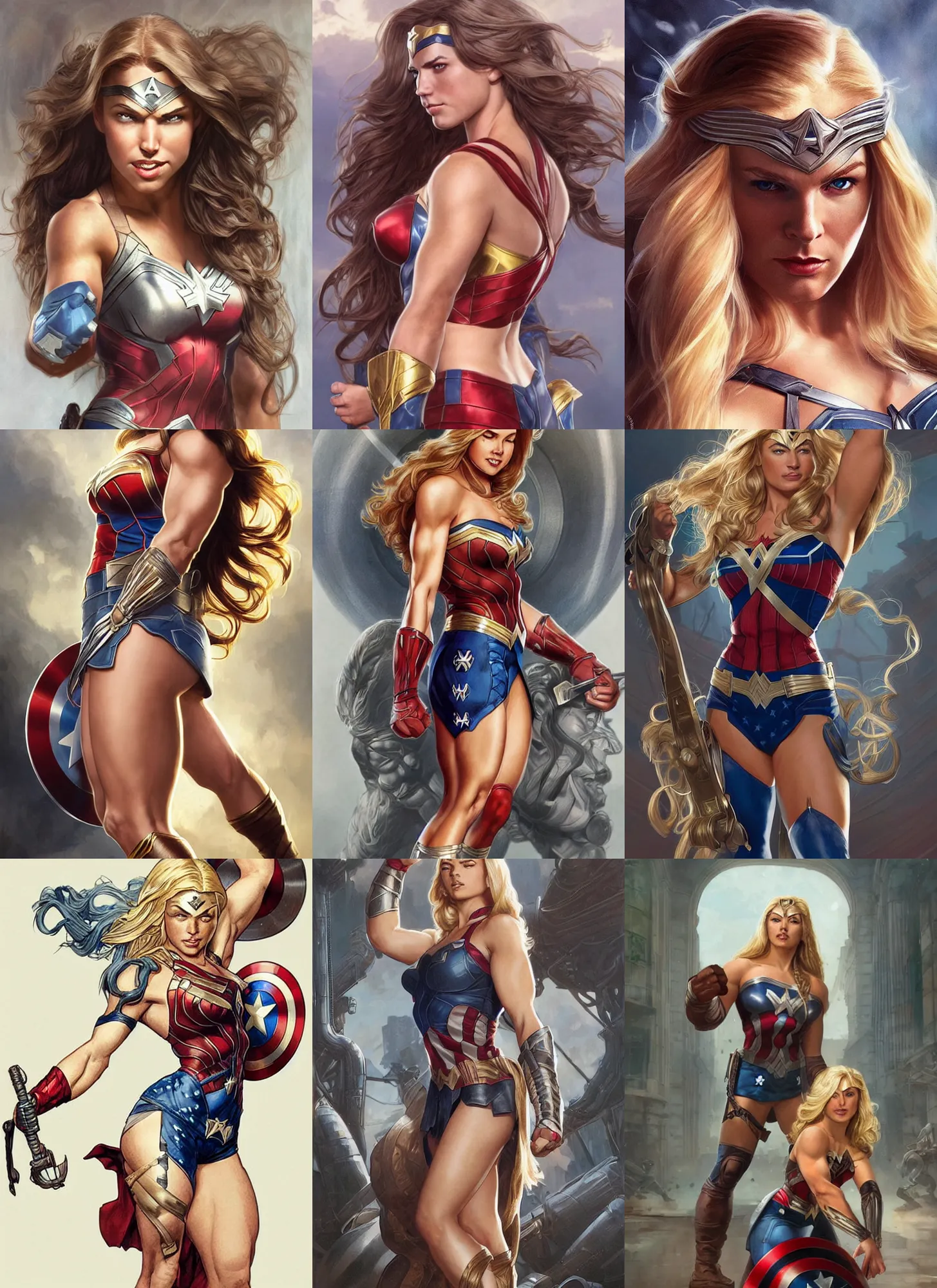 Image similar to a very muscled and young april with a mischievous face and extremely long blonde wavy hair dressed as teen superhero, captain america, wonder woman, intricate detailed face, artgerm, greg rutkowski, alphonse mucha