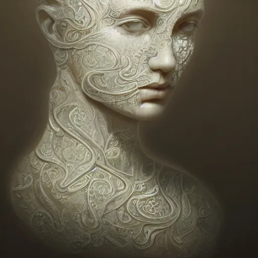 Image similar to opalescent marble portrait, up close, shallow depth of field, warm, masterpiece, ivory carving, fractal paisley inlay, lace, intricate, elegant, highly detailed, artgerm, hyperrealistic, trending on artstation, lace, by ruan jia and greg rutkowski