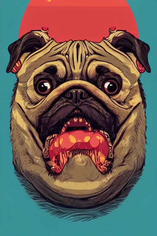 Image similar to demon pug eating flesh. art by mike winkelmann, sticker, colorful, illustration, highly detailed, simple, smooth and clean vector curves, no jagged lines, vector art, smooth