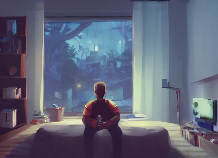 Image similar to video gamecore, gamecore, gamercore portrait of a man playin playstation on his home at night, cinematic perspective, trending in artstation, behance, deviantart