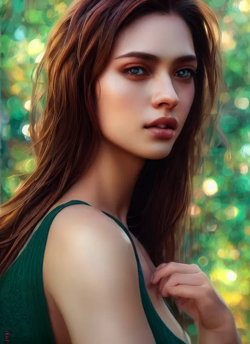 Image similar to photo of a gorgeous female in the style of stefan kostic, realistic, half body shot, sharp focus, 8 k high definition, insanely detailed, intricate, elegant, art by stanley lau and artgerm, bokeh foliage