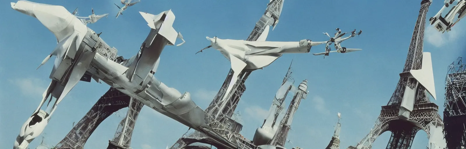 Image similar to Still from the 1969 movie MECHA-CONCORDE vs ROBO-EIFFEL the giant humanoid Eiffel Tower battles the swan-like superplane above the streets of paris-futur art direction by moebius hq production still technicolor