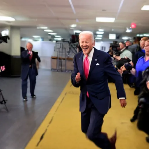 Prompt: joe biden running towards the photographer.