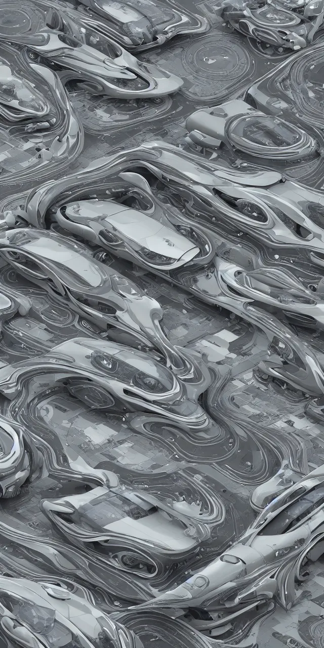 Image similar to A seamless pattern of futuristic sci-fi organic car by zaha hadid, khyzyl saleem, futuristic sci-fi organic car Daniel Simon design in the blade runner 2049 film, seamless pattern, Octane render in Maya and houdini, vray, large motifs, ultra high detail ultra realism, unreal engine, 4k in plastic dark tilt shift