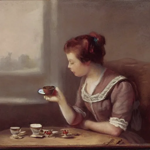 Image similar to a dinosaur drinking tea in the victorian age, portrait