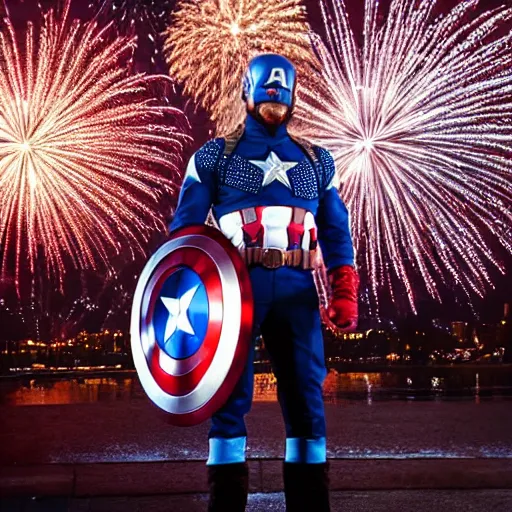 Image similar to uhd hyperdetailed candid photo of cosmic chuck norris dressed as captain america, wearing extremely intricate costume. fireworks in background. photo by annie leibovitz