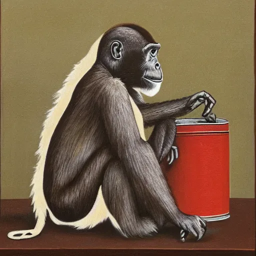 Image similar to an anthropormorphic tin can eating a monkey, painting