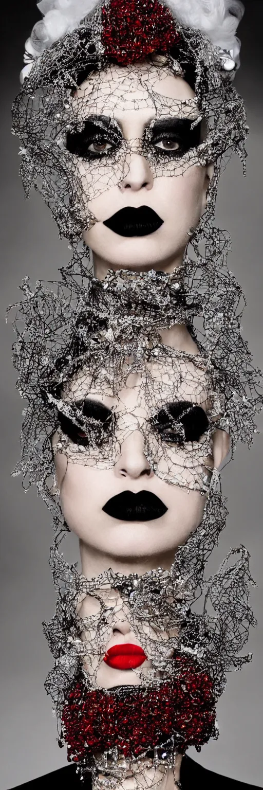 Prompt: a photograph of a woman with dark make-up around her eyes and red lipstick with slicked-back black hair wearing an outrageous Alexander McQueen mesh face jewelry across her face, encrusted with hanging beads and diamonds, haute couture, high fashion, Eiko Ishioka