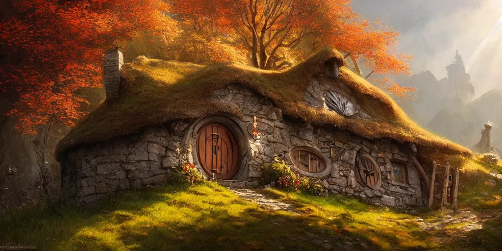 Image similar to a hobbit cottage on top of a steep hill, greg rutkowski, zabrocki, moebius, karlkka, jayison devadas concept art, highly detailed, autumn sunlights, smoky atmosphere, ( ray of sunlight ), ilya kuvshinov, ossdraws, 8 k, ultra wide angle, zenith view, lens effect