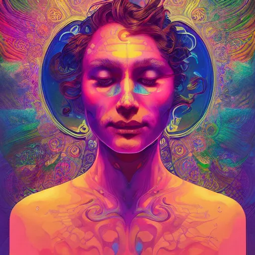 Image similar to An extremely psychedelic experience, colorful, surreal, dramatic lighting, cosmonaut, LSD, face, detailed, intricate, elegant, highly detailed, digital painting, artstation, concept art, smooth, sharp focus, illustration, art by Sam Spratt, Dan Mumford, Artem Demura and Alphonse Mucha