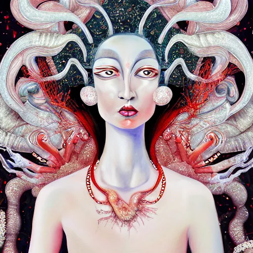 Prompt: beautiful painting of a white arthropod goddess with silver linings, coral mutations and melting jewelry in the style of Francis Bacon and Jesse Kanda. Digital art, detailed, trending on Artstation