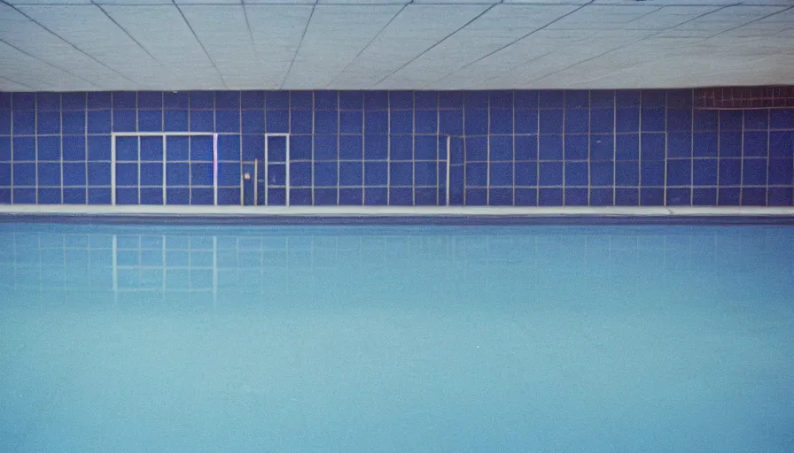 Prompt: 1 9 6 0 s movie still of empty blue tiles swimmingpool, cinestill 8 0 0 t 3 5 mm, high quality, heavy grain, high detail, panoramic, ultra wide lens, cinematic composition, dramatic light, flares, anamorphic, liminal space style