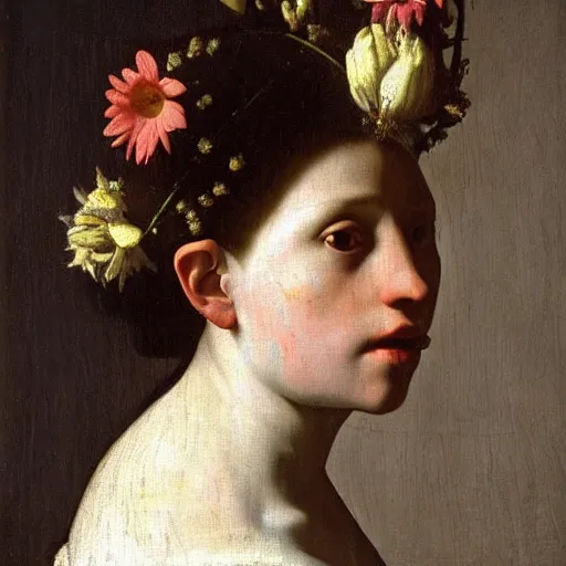 Prompt: a closeup portrait of one beautiful young goddess with flowers behind her head, painted by diego velazquez and rachel ruysch and vermeer, hyperreal, dark, dramatic lighting, analogous complementary colour scheme