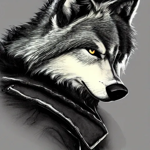 Image similar to an anthropomorphic wolf in a black doublet looking out over the hills, artstation hq, stylized, sharp focus, concept art, furaffinity fursona, furry, anthropomorphic, digital art by ayami kojima