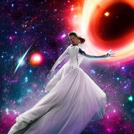 Prompt: a picture of a beautiful woman in a futuristic feminine spacesuit flying through space with galaxies in the back from far away