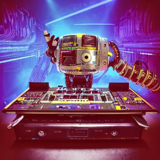 Prompt: album art, text : roborock, 3 steampunk spaced out robots on a dj desk with a cd mixer, 8 k, flourescent colors, halluzinogenic, multicolored, exaggerated detailed, front shot, 3 d render, octane