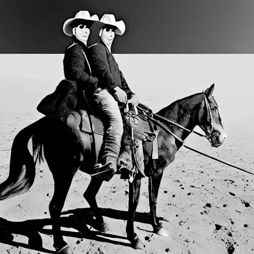 Prompt: anton lavey wearing a cowboy hat, riding a horse on the moon