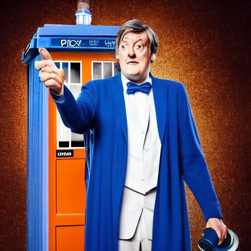 Prompt: stephen fry as doctor who, bbc promotional artwork, mid range shot