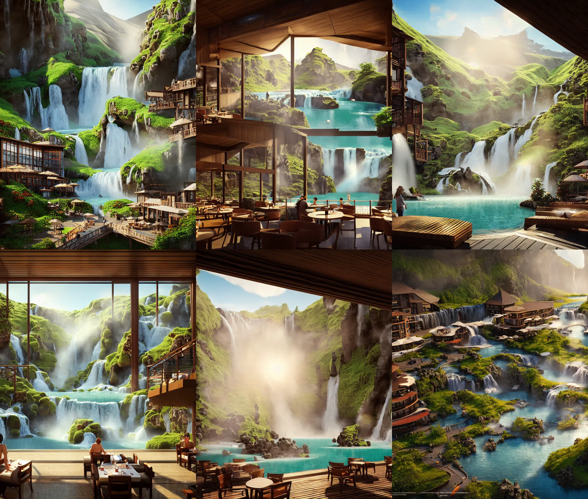 Prompt: establishing wide shot inside resort hotel, beside the combination of iceland hot springs and yangtze river waterfalls, movie still, sunny midday light, soft sunbeam, travel ad, detailed concept art, artstation, realistic, fine details, 4 k, unreal engine, hyperrealism, detailed textures