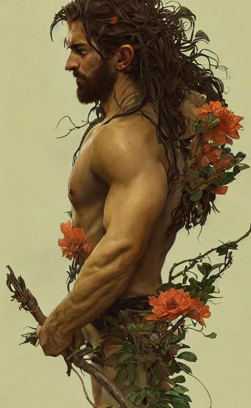 Image similar to god of the forest, 3 0 years old, rugged handsome, male, gorgeous, detailed face, clean lines, cinematic light, amazing, full body, flowers, muscular, intricate, highly detailed, digital painting, artstation, concept art, sharp focus, illustration, art by greg rutkowski and alphonse mucha