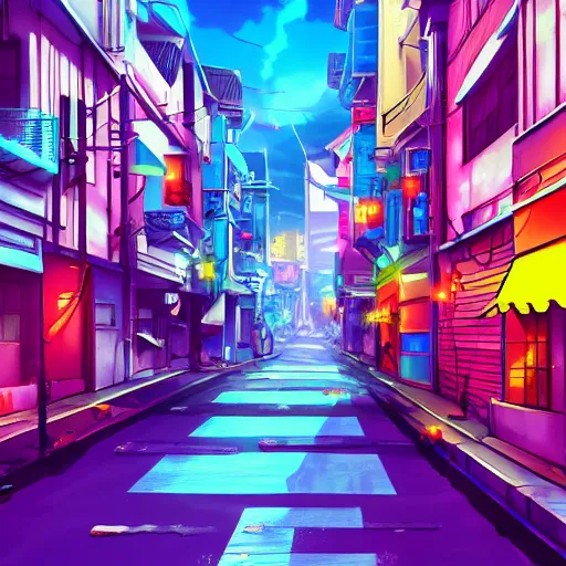 Prompt: a street from an anime movie, vibrant colors, in the style of Surendra Rajawat on ArtStation, 4k,