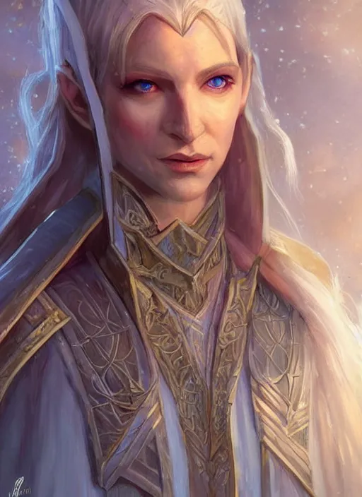 Image similar to pale elf, ultra detailed fantasy, dndbeyond, bright, colourful, realistic, dnd character portrait, full body, pathfinder, pinterest, art by ralph horsley, dnd, rpg, lotr game design fanart by concept art, behance hd, artstation, deviantart, hdr render in unreal engine 5