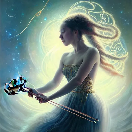 Image similar to a high quality life like portrait of a very very beautiful! celestial goddess of life playing a mystical violin and springing life into the universe, highly detailed, intricate, sharp focus, fantasy, mystical, dreamlike, by WLOP and greg rutkowski