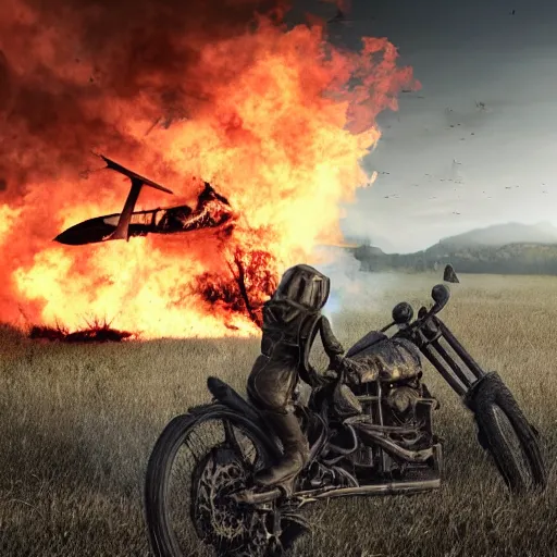 Image similar to post apocalyptic, biker with helmet in front of crashed airplane burning, photorealistic, highly detailed