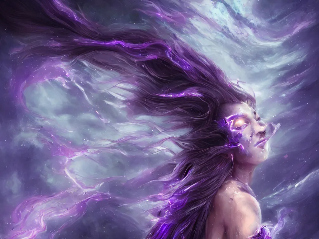 Prompt: epic portrait an beautiful nebulae goddess with purple long flowing hair and purple glowing eyes, sweaty skin, beautiful face, blurry lighting strike space backround, digital painting, artstation, concept art, soft light, hdri, smooth, sharp focus, illustration, fantasy, intricate, elegant, highly detailed, D&D, matte painting, in the style of Greg Rutkowski and Alphonse Mucha and artemisia, 8k, highly detailed, jurgens, rutkowski, bouguereau, pastoral, rustic, georgic, detailed concept art, illustration, colorful pastel, painting, detail, ultra detailed, digital art, 4K,