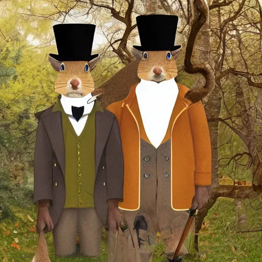 Prompt: an environmental portrait of squirrels dressed as Sherlock Holmes and Watson