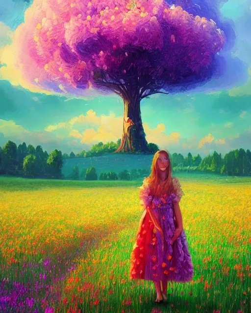 Image similar to girl with giant flower as a face and flower dress, standing in a flower field hills, big trees, sunrise dramatic light, impressionist painting, colorful clouds, digital painting, pointillism, artstation, simon stalenhag