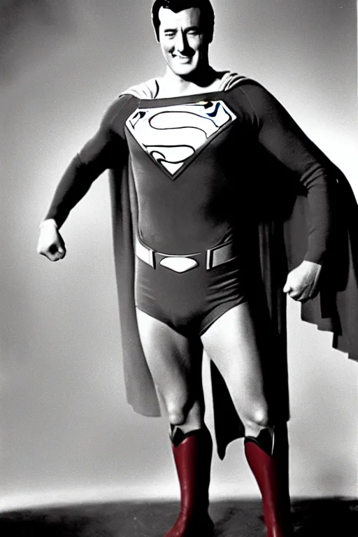 Prompt: rock hudson playing superman in 1 9 7 8, superhero, dynamic, 3 5 mm lens, heroic, studio lighting