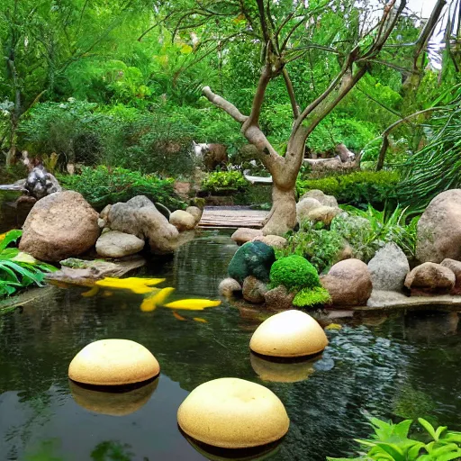 Image similar to popcorn boulders in a jungle landscape, koi pond on the ground