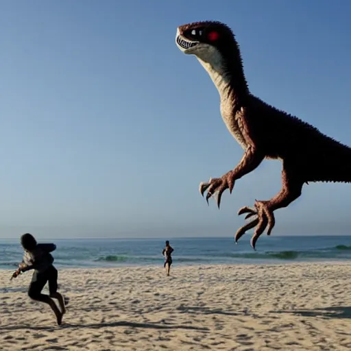 Image similar to velociraptors chasing people on the beach in california