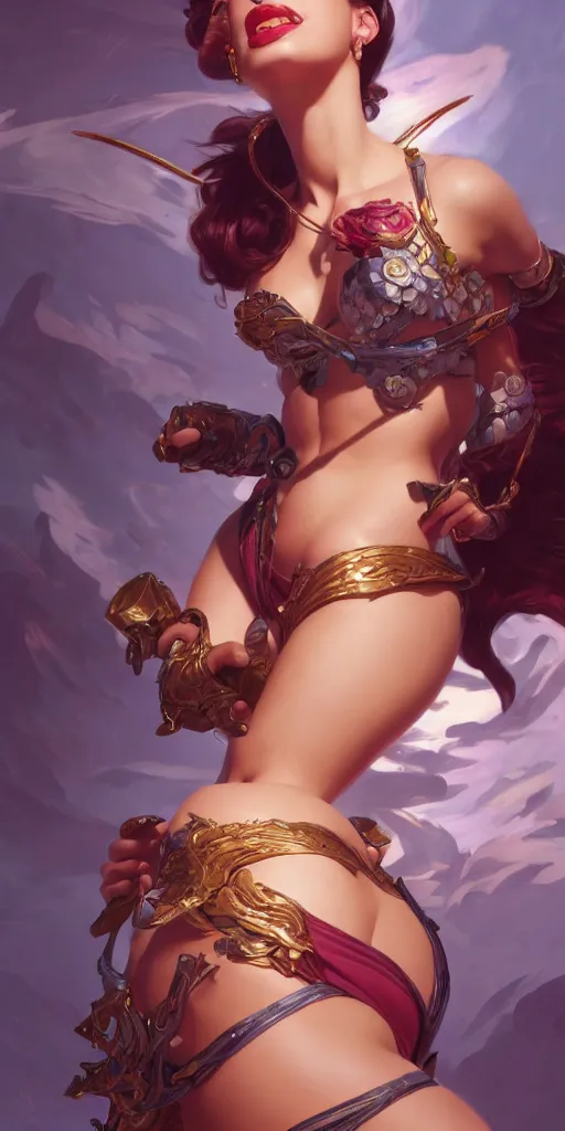 Image similar to Razane Jammal, pinup, league of legends, intricate, highly detailed, digital painting, hyperrealistic, artstation, concept art, smooth, sharp focus, illustration, Unreal Engine 5, 8K, art by artgerm and greg rutkowski and alphonse mucha, by Jesper Ejsing