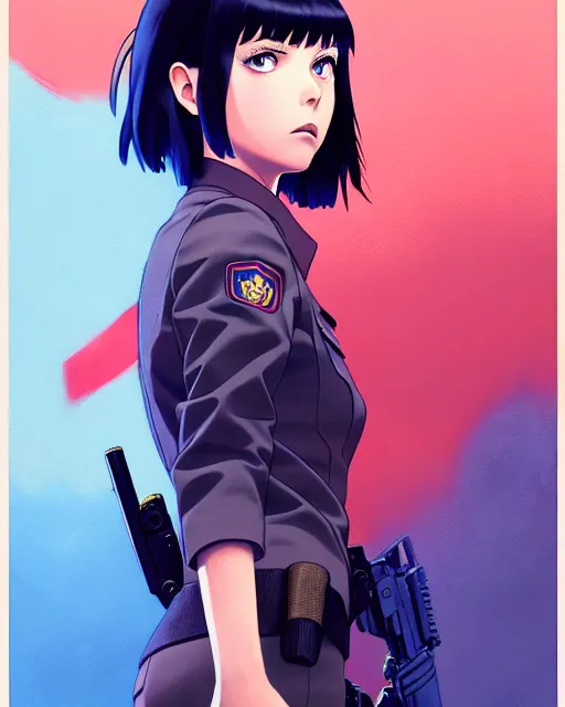 Image similar to girl wearing uniform, holding gun | | audrey plaza, fine detail!! anime!! realistic shaded lighting!! dramatic!! poster by ilya kuvshinov katsuhiro otomo ghost - in - the - shell, magali villeneuve, artgerm, jeremy lipkin and michael garmash and rob rey